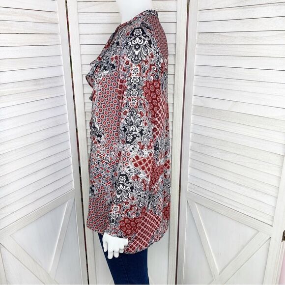Ellen Tracy Multi Print Ruffle Front Blouse Small Red Black 3/4 Button - Picture 2 of 11